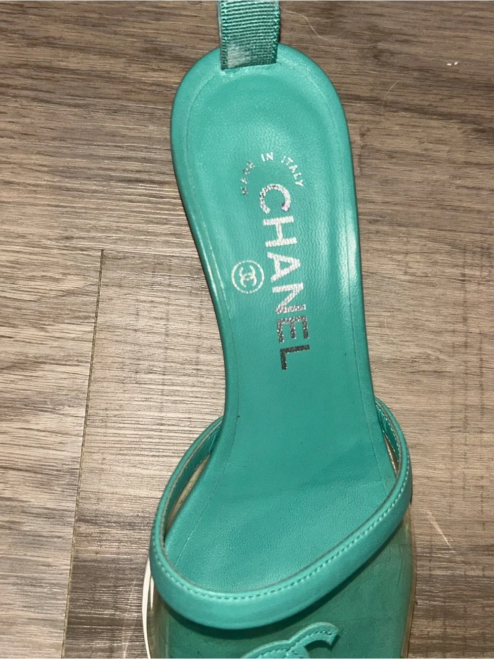 CHANEL Turquoise Green Leather PVC Slide Sandals-SIZE 36